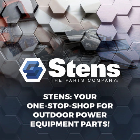 Stens brand banner with logo and hexagonal background promoting outdoor power equipment parts.