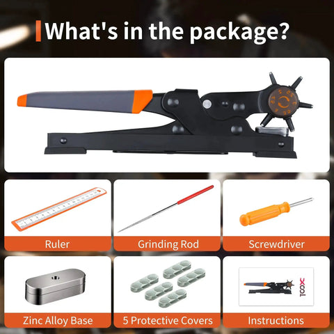 Rotary Leather Hole Punch Kit with accessories including ruler, grinding rod, screwdriver, zinc base, protective covers, instructions.