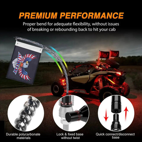 2 Pack 2 Foot RGB LED Whip Light Kit With Bluetooth App Control on ATV with accessories