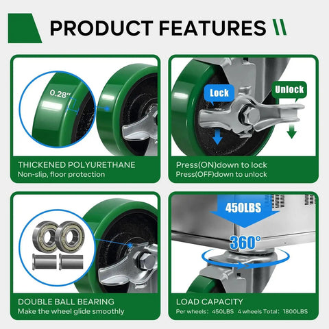 Product features of Beefed Up 4 Inch Caster Wheels Set showing thick polyurethane, lock mechanism, bearings, and load capacity details.