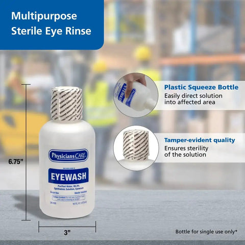 Sterile Isotonic Buffered Eye Wash For Flushing And Irrigation 16 Oz Bottle in tamper-evident squeeze bottle with size details