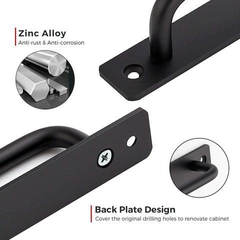 Close-up of Four Pack Barn Door Handles Black Zinc Alloy Sliding Door Pulls With Plate Five Inch Hole Center and design details.