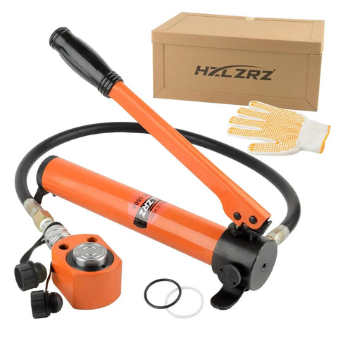 HZLZRZ 10 Ton hydraulic jack kit with CP-180 manual pump; orange cylinder, hose, gloves, and box