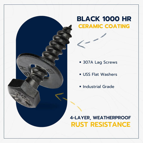 Heavy Duty Lag Screw Kit One Quarter By One And A Quarter Inch With One Hundred Screws And One Hundred Washers Ceramic Black Ruspert Coating