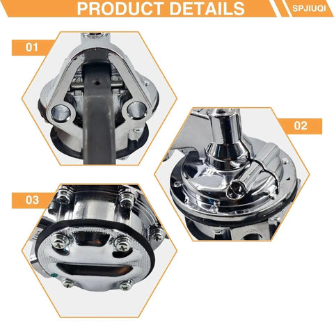 High Volume Mechanical Fuel Pump For Ford Small Block V8 221 260 289 302 351W Chrome, close-up details, 80-150 GPH, 6-8 PSI