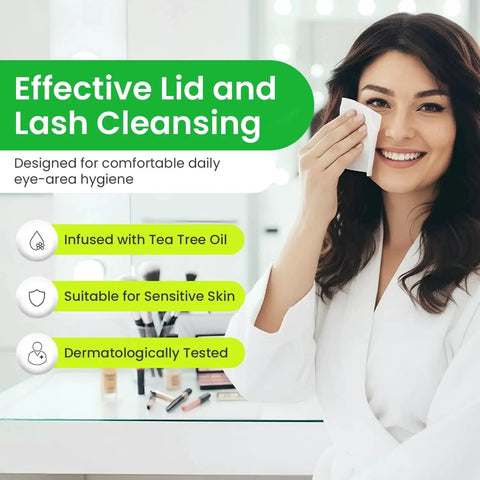 Woman using Tea Tree Oil Eyelid Cleansing Wipes Wrapped Preservative Free For Daily Use, ideal for eye and lash hygiene