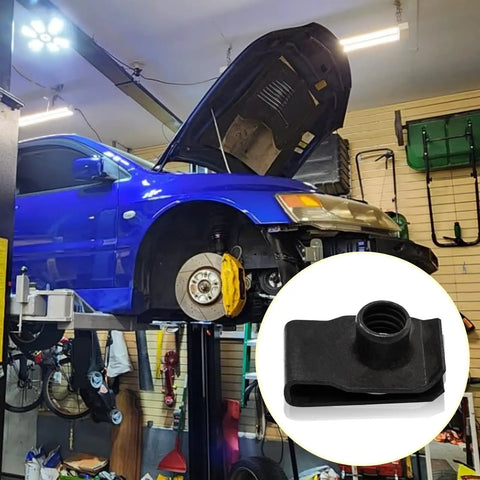 20 Pcs Black U Type Nuts Clip On Fasteners for Auto Fender Bumper Grille Retainer Clips Five Sixteenths Inch by Eighteen Unified National Thread Extruded U Style Nuts shown with a vehicle on a lift