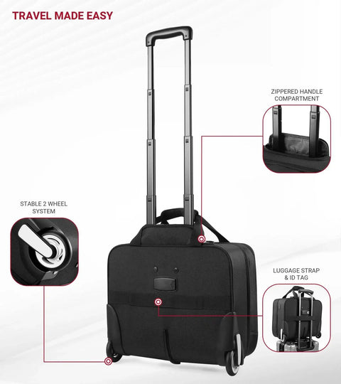 Rigid Frame Rolling Laptop Bag With USB Ports And Wheels For Pro On The Go Travel shown with telescopic handle, wheels, and storage compartments
