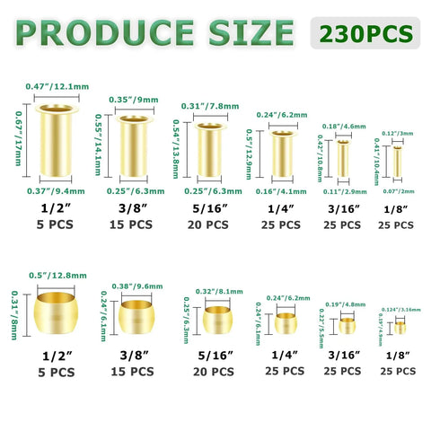 Brass Compression Fittings Kit 230 Pieces With Sleeves Ferrules And Inserts In One Eighth To One Half Inch Six Sizes Display Chart