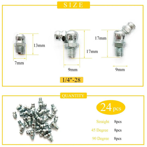Pro Grade Quarter Inch 28 Thread Grease Fitting Assortment Kit With Straight 45 Degree And 90 Degree Zerk Fittings size and quantity