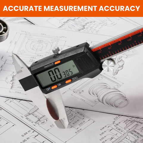Digital Caliper With Large LCD Screen 0 To 8 Inch Stainless Steel Measuring Tool For Pro Grade Precise DIY Projects showing measurement on engineering drawings