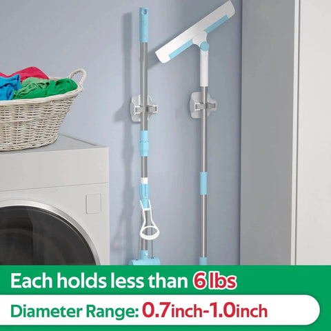 3 Pack Wall Mount Mop And Broom Holder Dustpan Organizer Self Adhesive No Drill holding mop and broom on laundry room wall.