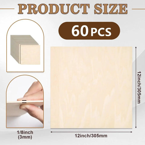 60 Pack Basswood Sheets For Laser Cutting And Crafts 12 By 12 By One Eighth Inch Unfinished Square Wood Sheets With Smooth Surface