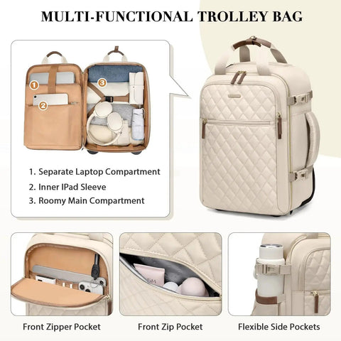Multi-functional apricot rolling laptop backpack for women with wheels, showing compartments for 17-inch laptops, front zipper pockets.