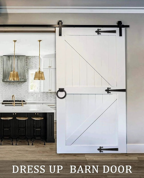 White sliding barn door with rustic matte black 8 inch decorative barn door bracket I shape dummy gate hinge for shutters farmhouse style cabinets gates screens and decor projects durable solid carbon steel construction with rust proof finish installed in kitchen.