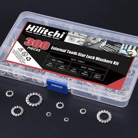 Hilitchi 300-piece stainless steel external tooth star lock washers kit, sizes M2.5–M12