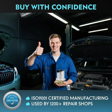Mechanic holding 12V Diesel Fuel Pump For Ram 2500 3500 Pickup 1997 1998 1999 2000 2001 2002 5.9L Cummins Turbo Diesel Direct Replacement Plug And Play OEM Compatible With 100 Percent OE Matched Connectors No Cutting Needed in a garage