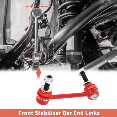 Front sway bar end links (2 pcs), red steel, for Toyota Tacoma 2005–2017, installed on front suspension