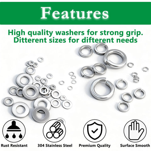 Assorted 304 stainless steel lock washers kit, 9 metric sizes (M2–M12) for bolts and screws.