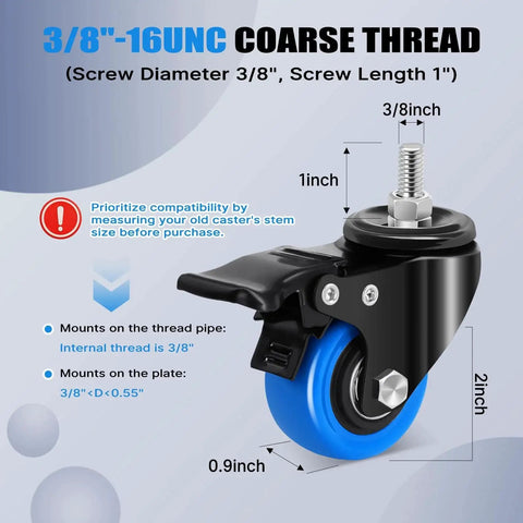 Diagram of 2 Inch Heavy Duty Threaded Stem Caster Wheels with 3/8-16 Threaded Screws, showing dimensions and locking features.