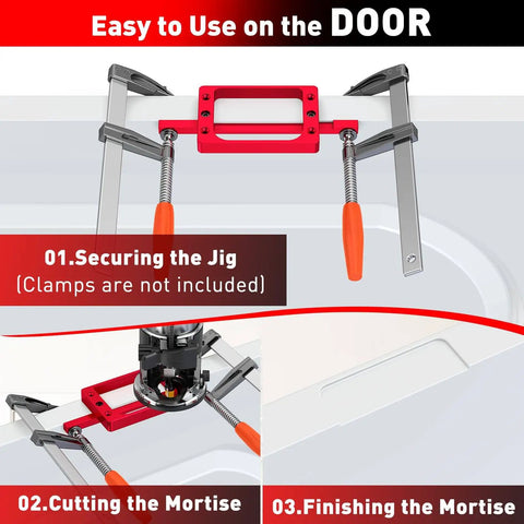 Pro Grade 6061 Aluminum Door Hinge Template Kit For Router And Jamb shown in use for securing, cutting, and finishing mortises.