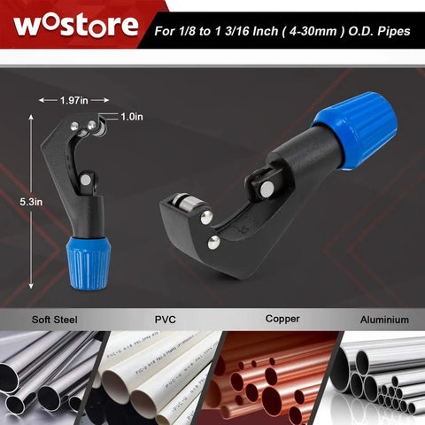 7 Die Set Eccentric Flaring Tool With 45 Degree Tube Cutter for HVAC shown with dimensions and materials it can cut.