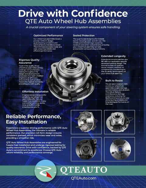 Promotional poster for QTE Auto Wheel Hub Assemblies showing various angles of hub assemblies with text on performance and installation