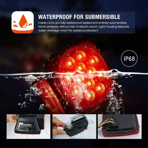 LED Trailer Light Kit 2 Pack Square Stop Turn Tail Side Marker Lights With Beefy Steel Mounting Box And License Plate Bracket Submersible IP68 DOT Compliant waterproof feature