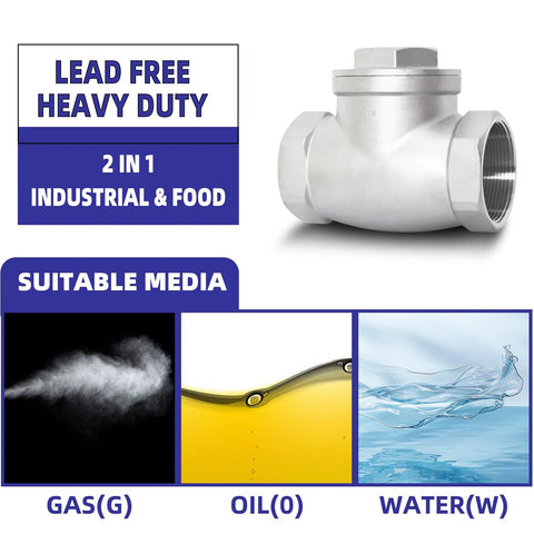 3/4 in NPT stainless steel horizontal swing check valve with threaded ends; suitable for gas, oil, water.
