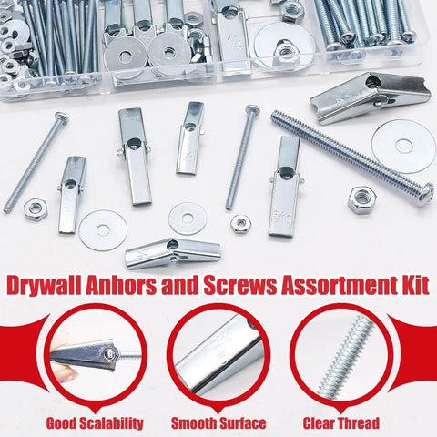 Heavy Duty Drywall Toggle Bolts Kit With 100 Pieces Hollow Wall Anchors And Screws In Three Sizes 1/8 Inch 3/16 Inch And 1/4 Inch Including Wing Nuts And Washers For Secure Mounting Of Shelves Cabinets And Fixtures, with close-up of components displayed.