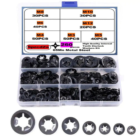 260 Piece Internal Tooth Starlock Locking Washers Set With 7 Sizes M3 To M12 65Mn Black Oxide Steel in organized box