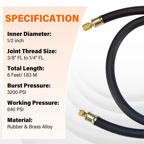 HVAC vacuum hose with brass fittings, 1/2 inch ID, 6 ft, black rubber hose with 3/8–1/4 inch flare adapters.