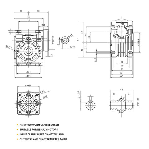 Technical drawing of NMRV-030 Worm Gear Reducer 10 To 1 For NEMA23 Motors, showing dimensions for motor and shaft.