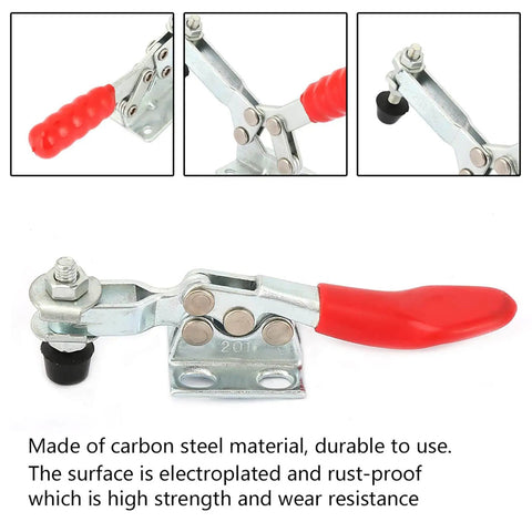 Heavy Duty Horizontal Toggle Clamp For Woodworking, Welding And Assembly, Built To Take A Beating With Industrial Grade Carbon Steel Construction And Electroplated Finish For Long Lasting Durability, Three Styles 201B 201C close-up view with red handle