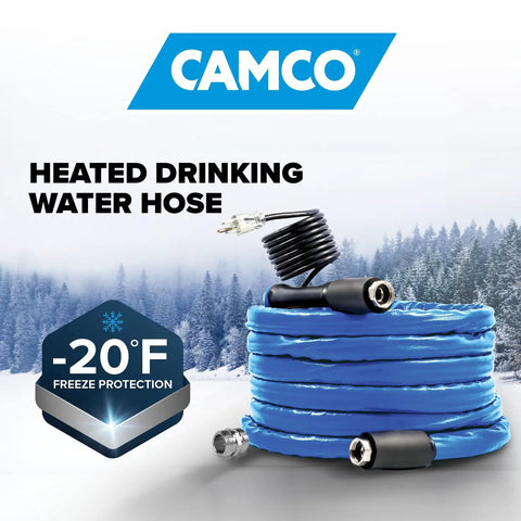 Camco 25-ft heated RV water hose, blue coil with thermostat, -20°F freeze protection, adapter included