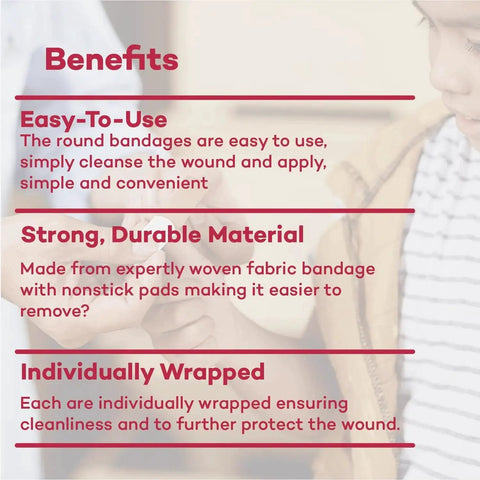 Image showing benefits of Must-Have Flexible Fabric Oval Adhesive Bandages With Nonstick Pad; easy-to-use, strong material, individually wrapped
