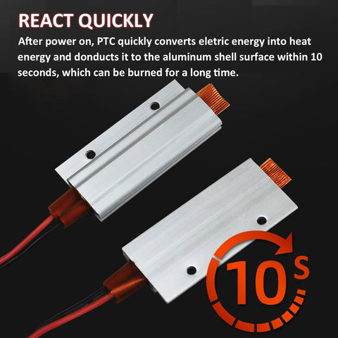 Two aluminum-shell PTC heating elements with copper terminals and red/black wires, size 2.36x1.10 inches