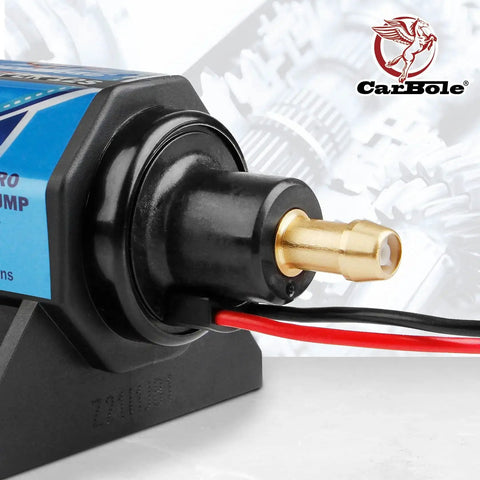 Close-up view of 12V Electric Fuel Pump For Gasoline Engines, 5-9 PSI, 35 GPH, 5/16 Inch Inlet And Outlet, Universal Fit
