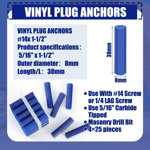100 Pcs Expanding Plastic Anchors For Concrete And Drywall, Blue Anchors For Hollow Walls, Tile And Cement, 5/16 Inch By 1-1/2 Inch, Ideal For Quick And Strong Installations