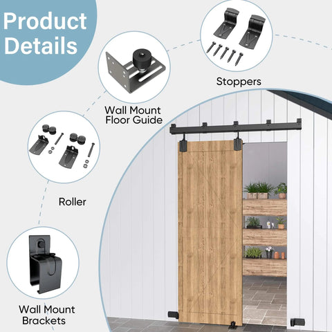 Heavy Duty Outdoor Barn Door Hardware Kit With 450 Lb Capacity, Box Rail Sliding Track For One Door shown with accessories