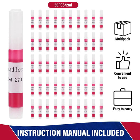 Red Thread Locker 271 High Strength 2ml Tube Pack Of 50 For Nuts Bolts And Fasteners Lock Tight Adhesion