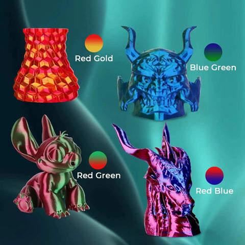 3D prints using Silk Dual Color PLA Filament Bundle 4x200g 1.75mm For 3D Printers in red gold, blue green, red green, red blue