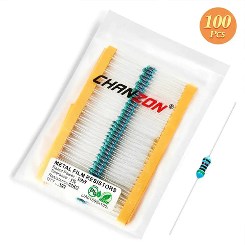 Chanzon 100-pack metal film resistors, 51kΩ ±1%, 1/4W, through-hole, in resealable bag.