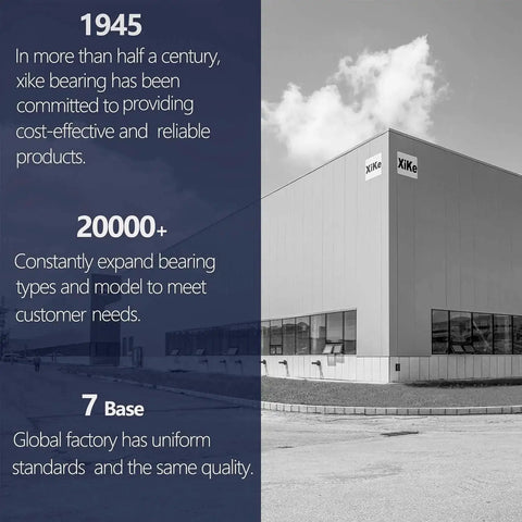 Xike Bearing factory exterior with text about company history, product range, and global bases in black and white image.