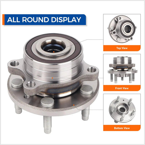Front And Rear Wheel Hub And Bearing Assembly Fits Ford Explorer 2011-2019 And Police Interceptor Utility 2013-2018 5 Lug Non ABS Ready To Install Beefed Up Hub Kit For Long Lasting Vehicle Performance, shown in top, front, and bottom views.