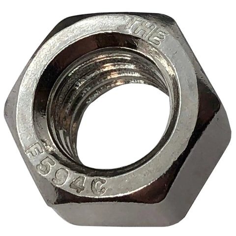 Close-up of a hex nut from the All Purpose 304 Stainless Steel Bolts Nuts And Washers Set One Quarter Inch Twenty Threads Per Inch By One Inch Hex Head Rust Resistant Heavy Duty Hardware Kit With Ten Bolts Ten Nuts And Ten Washers For Indoor And Outdoor Projects, showcasing shiny rust-resistant finish.