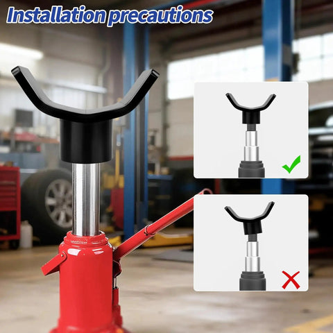 Bottle Jack Adapter For RV Truck Fits 2 3 4 Inch Round Or Square Tubes 12 Ton in garage with installation guide inset