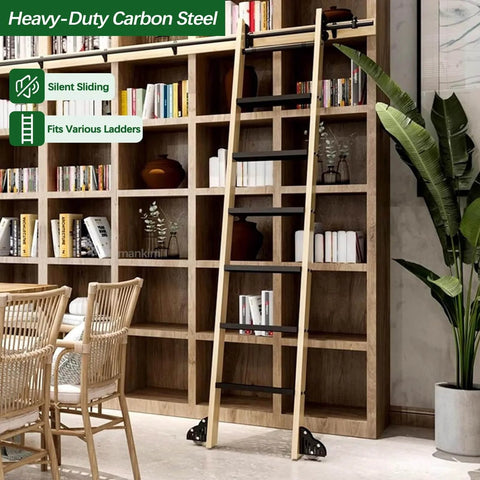 Heavy Duty Industrial Rolling Ladder Hardware Kit With Adjustable Carbon Steel Track, 8ft Track Kit shown on wooden bookshelf