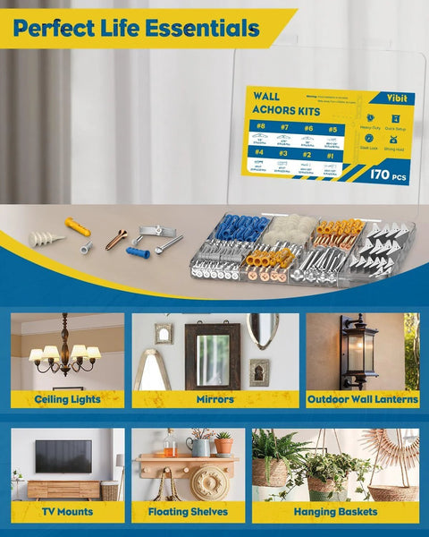 Self Drilling Drywall Anchors Kit 170 Pieces Heavy Duty Wall Anchors For Drywall And Hollow Walls Includes Toggle Bolts Carbon Steel And Plastic Anchors And Screws For Secure Hanging In Home And Office Use displayed on a table.