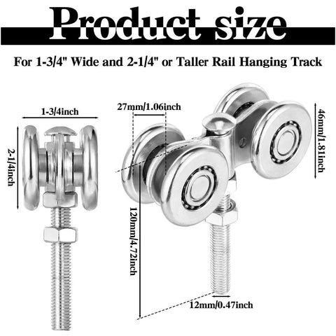 Diagram of Set Of Four Wheel Trolley Assemblies For Heavy Duty Barn And Shed Sliding Doors showing dimensions and structure.